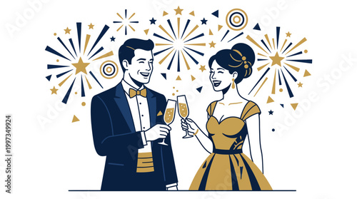 An elegant man and woman celebrate a special occasion by clinking champagne flutes under a display of stylized golden fireworks
