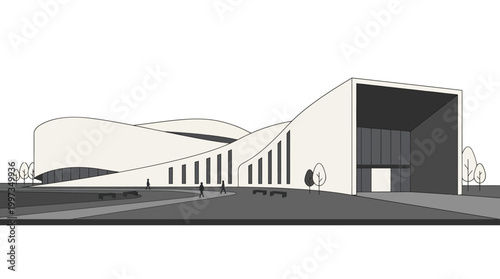 A minimalist vector illustration shows people walking toward the entrance of a modern museum building with flowing organic curves