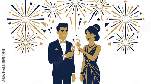 A happy couple in formal evening wear toasts with champagne glasses under a display of gold and blue fireworks