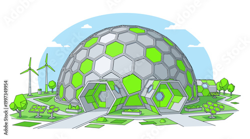 A modern sustainable geodesic dome building surrounded by wind turbines and solar panels represents a green future of eco friendly architecture