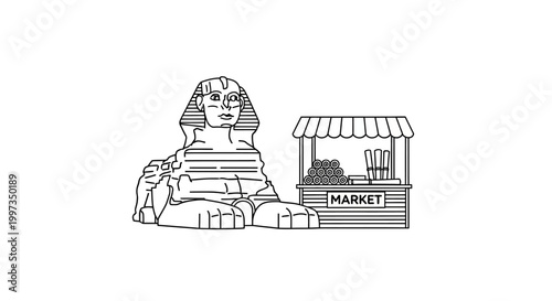 Ancient Egyptian Sphinx Statue Beside Market Stall Illustration.