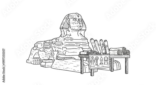Ancient Egyptian Sphinx Statue with Historical Artifacts Displayed.
