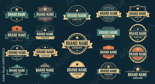 Collection of vintage and modern brand name badges and labels.