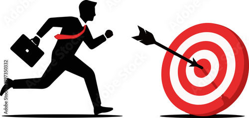 Businessman in a suit running toward a red target with an arrow stuck in the center representing successful career goals