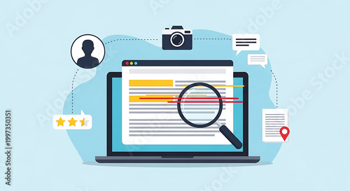 A magnifying glass zooms in on a laptop screen displaying a document with colorful lines and icons floating around it on a light blue background with a profile picture.