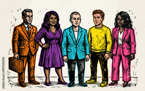 Stylized Colorful Illustration of Diverse Professionals in Bright Suits