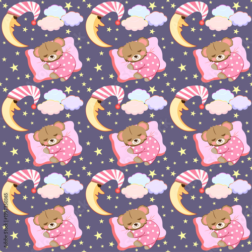  Cute seamless pattern featuring a sleeping teddy bear in pink pajamas, a moon with a sleeping cap