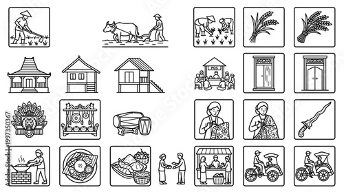 UntitledIndonesian village life vector icon set featuring farming, traditional houses, markets, cooking, transportation, and cultural activities in clean outline style.