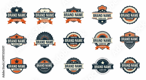 Collection of label badges and seals.