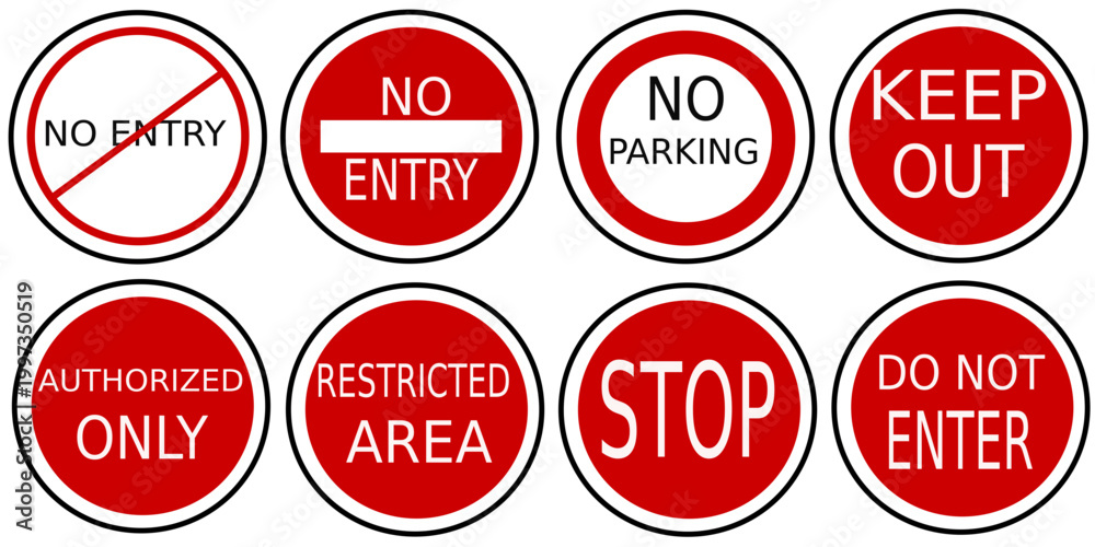 Fototapeta premium Red Stop Sign Collection in Different Shapes – Traffic Warning Symbol Vector Set