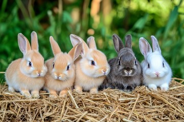 Cute fluffy rabbits sitting on straw in a green nature setting during daytime in a farm environment