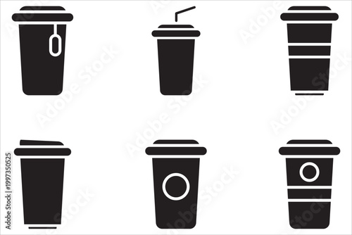 Coffee cup icon set. Disposable coffee cups. Plastic containers for hot and cold drinks, juice, tea. Transparent.
