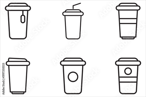 Coffee cup icon set. Disposable coffee cups. Plastic containers for hot and cold drinks, juice, tea. Transparent.
