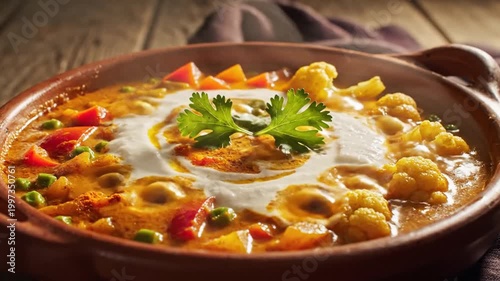 Delicious Vegetable Curry with Creamy Yogurt Topping in Rustic Bowl.