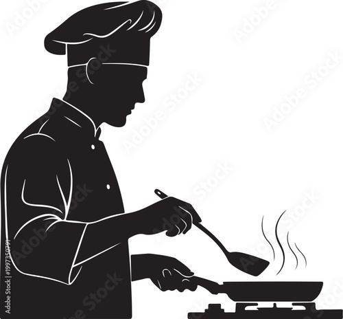 Black silhouette of chef cooking with frying pan on stove