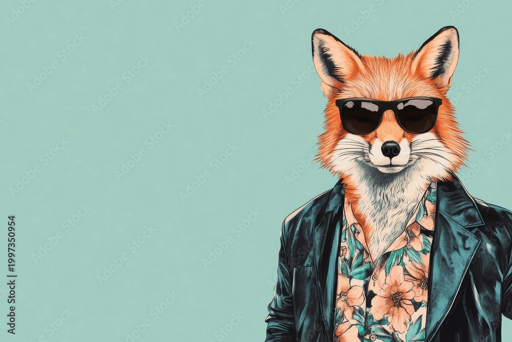 Fototapeta premium Cool fox in stylish clothes and sunglasses poses for a trendy, modern illustration with room for design elements