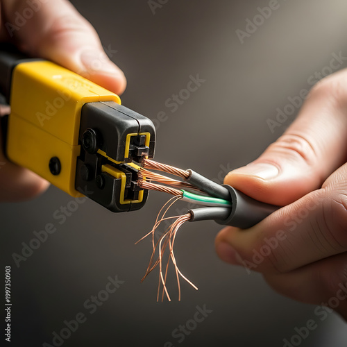Hands holding a crimping tool prepare to join electrical wires together.