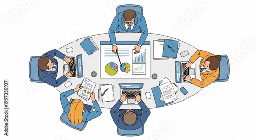 Overhead illustration of a diverse business team collaborating and analyzing financial data during a productive conference room meeting.