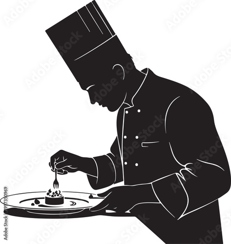 Black silhouette of chef garnishing food on plate white