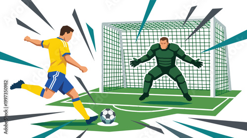 Soccer player taking a powerful shot on goal against a goalkeeper on a green pitch.