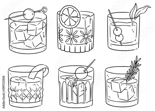 Set of six cocktail glasses hand drawn sketch bar menu illustration
