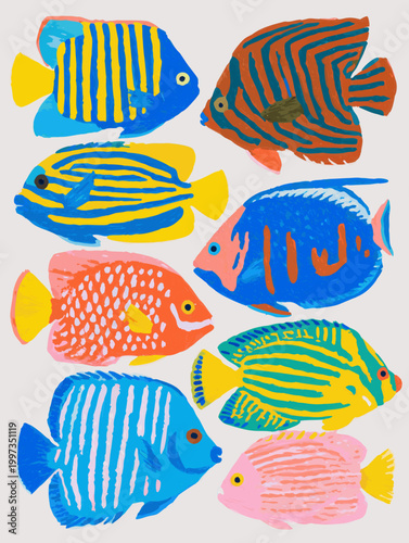 Colorful tropical fish flat illustration collection poster