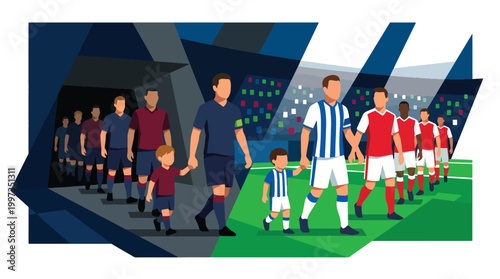 Soccer players walking out of stadium tunnel with children, illuminated by bright stadium lights.