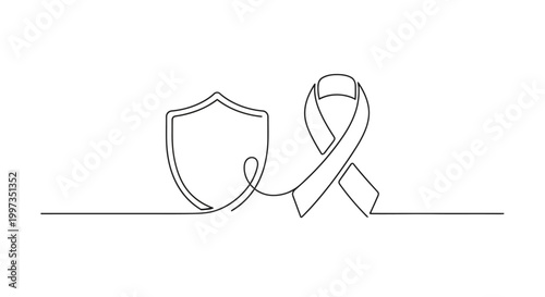 Continuous line art drawing of a shield and a ribbon representing protection and awareness for health causes or campaigns