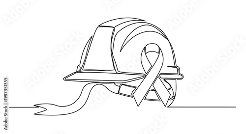 Continuous line art illustration of a hard hat with a ribbon tied around it, representing support or awareness for a cause or a profession