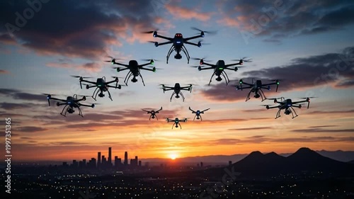 Drone Swarm at Sunset - A Technological Spectacle Over the City.