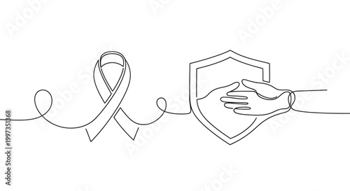 Continuous line art illustration of a breast cancer awareness ribbon connected to a shield with hands shaking inside, symbolizing support and protection against the disease