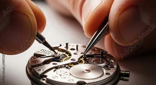 Watchmaker repairing a mechanical watch movement with precision tools close up