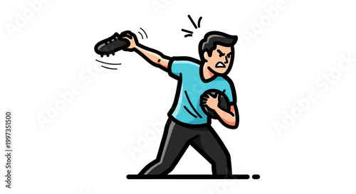 Angry Man Throwing Football and Cleat with Frustration and Rage.