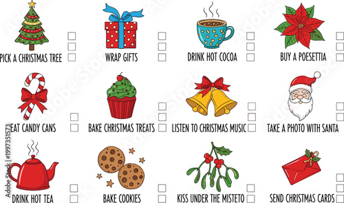 Christmas Holiday Bucket List Checklist Vector Set with Festive Icons Tree Gifts Cocoa Santa Cookies Mistletoe and Seasonal Activities