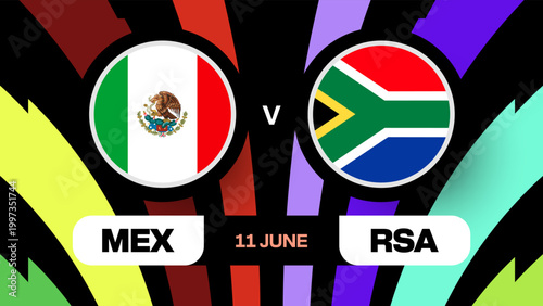 Dynamic Football 2026 tournament match announcement for Mexico vs South Africa Group A. Schedule presentation for Football 2026.