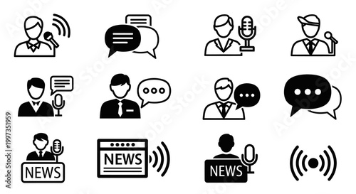 News Broadcasting Anchor and Speech Bubble Communication Icons