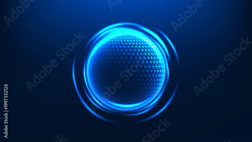 Technology background quantum sphere with internal connected structures and surrounding energy fields, representing quantum computing, advanced data processing, complex systems, scientific innovation