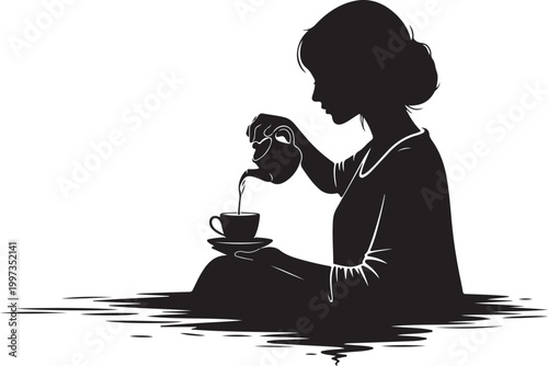 Black silhouette woman pouring tea into cup on saucer