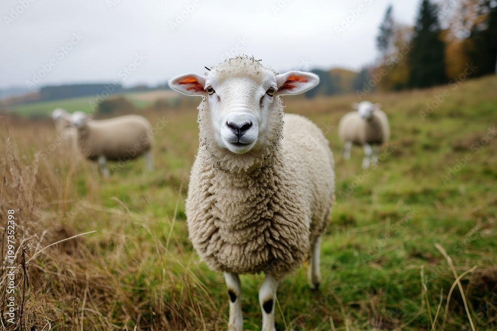 Fototapeta premium Funny sheep on the field during a cloudy day with green grass and other sheep in the background