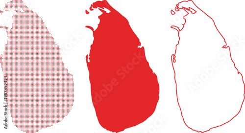 Three red outlines and filled maps of Sri Lanka island country in different styles dot map
