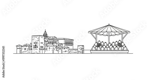 Architectural Illustration of Historic Buildings and a Bandstand.