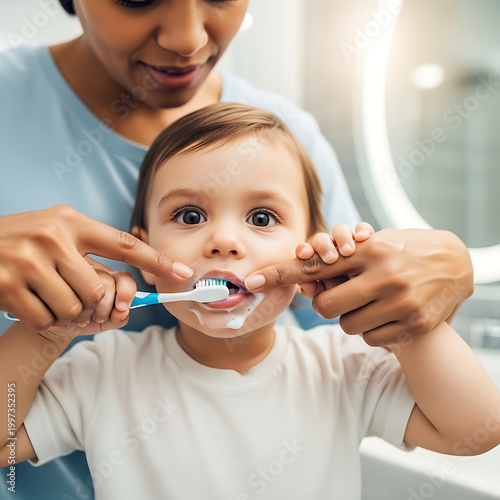 A caring mother helps her young child brush their teeth in a brightly lit bathroom.