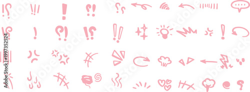 Pink Comic Symbols Vector – Handmade Cartoon Punctuation and Expression Icons on Transparent Background for Creative and Commercial Use