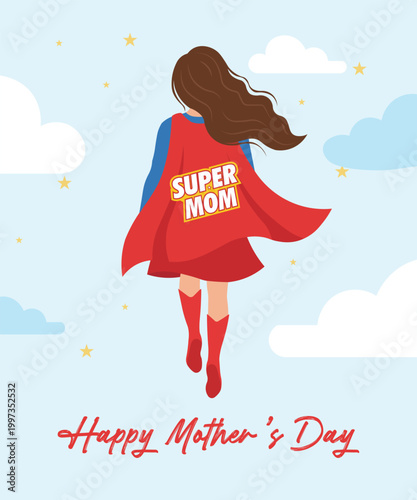 Super Mom flying in sky with red cape, Mother’s Day greeting illustration, strong superhero mother concept, love, care, appreciation, family celebration, modern flat design artwork