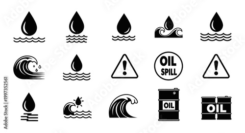 Oil Spill Environmental Disaster and Wave Icons