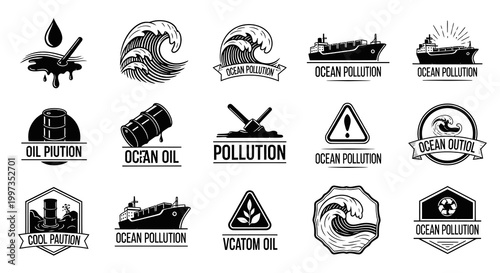 Vintage Style Ocean Pollution and Oil Spill Logos
