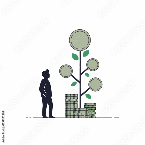 Illustrated silhouette of an individual observing a thriving money tree symbolizing strategic financial investment, wealth growth, and long-term prosperity.
