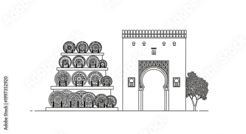 Architectural Illustration of Moroccan Building and Pottery Display.