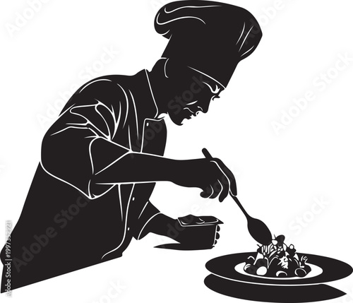 Chef preparing food on plate with spoon cooking