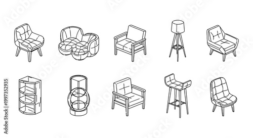 collection of furniture icons including chairs shelves and lamps for interior design